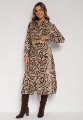 Brązowa Sukienka Koszulowa z Wiskozą Zdobiona Paskiem i Wzorem w Węża Delane. Brązowe sukienki Born2be, do pracy, l, z aplikacjami, z materiału, biznesowe, bez kołnierzyka, bez ramiączek, midi, koszulowe. Za 129.99 zł.
