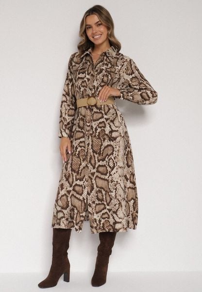 Brązowa Sukienka Koszulowa z Wiskozą Zdobiona Paskiem i Wzorem w Węża Delane. Brązowe sukienki Born2be, do pracy, l, z aplikacjami, z materiału, biznesowe, bez kołnierzyka, bez ramiączek, midi, koszulowe. Za 129.99 zł.