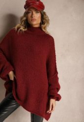 Bordowy Golf Oversize z Wełną z Opadającą Linią Ramion Lilirea. Czerwone golfy Renee, bez wzorów, z jeansu, bez ramiączek. Za 209.99 zł.