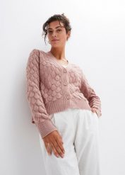 Sweter rozpinany w ażurowy wzór. Czerwone kardigany bonprix, w ażurowe wzory. Za 114.99 zł.