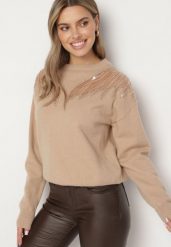 Ciemnobeżowy Sweter z Siateczkowymi Wstawkami z Cekinami Perełkami i Koralikami Evoriana. Brązowe swetry Born2be, l, bez wzorów, z jeansu, bez ramiączek. Za 129.99 zł.
