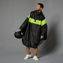 Ponczo na rower miejski Btwin 120 przeciwdeszczowe odblaskowe. Czarne kurtki sportowe B'TWIN, xl, bez wzorów, z materiału, bez kaptura, rowerowe. Za 129.99 zł.