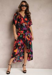 Czarno-Pomarańczowa Asymetryczna Sukienka z Gumką w Pasie i Kopertowym Dekoltem Perlana. Czarne sukienki Renee, na imprezę, l, bez wzorów, eleganckie, z asymetrycznym kołnierzem, bez ramiączek, midi, asymetryczne. Za 59.99 zł.