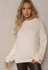 Jasnobeżowy Klasyczny Sweter z Wełną i Wiskozą o Luźnym Kroju Omethea. Brązowe swetry Renee, bez wzorów, z jeansu, bez ramiączek. Za 149.99 zł.