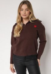 Brązowy Sweter z Bawełną Wiskozą i Wełną Ozdobiony Sercem Monissea. Brązowe golfy Born2be, m, bez wzorów, z bawełny, bez ramiączek. Za 129.99 zł.
