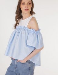 Bluzka hiszpanka. Niebieskie bluzki Unisono, s, bez wzorów, z bawełny, bez kołnierzyka, bez ramiączek. Za 119.00 zł.