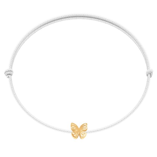 Bransoletka z pozłacanym motylem Etincelle na cienkim białym sznurku. Białe bransoletki Lilou, pozłacane. Za 79.00 zł.