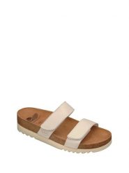 Scholl Skórzane klapki "Lusaka" w kolorze kremowym rozmiar: 39. Brązowe klapki Scholl, bez wzorów, z otwartym noskiem, bez obcasa. Za 144.95 zł.