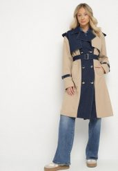 Niebieski Płaszcz Trencz z Bawełną Ozdobiony Jeansowymi Wstawkami Tirsedi. Niebieskie płaszcze Born2be, l, bez wzorów, z bawełny, bez kaptura. Za 259.99 zł.