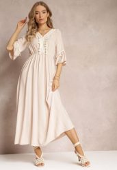 Beżowa Sukienka Maxi z Gumką w Talii z Ozdobnymi Chwostami z Wiskozy Zisel. Brązowe sukienki Renee, na imprezę, m, bez wzorów, z wiskozy, bez kołnierzyka, bez ramiączek, maxi. Za 64.99 zł.