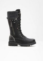 Kozaki sznurowane marki Mustang. Czarne kozaki bonprix, bez obcasa, bez zapięcia. Za 379.99 zł.