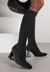 Czarne Eleganckie Kozaki VICES na Metalicznym Obcasie ze Skarpetkową Cholewką Nalaina. Czarne kozaki Renee, bez obcasa, na obcasie, bez zapięcia. Za 159.99 zł.