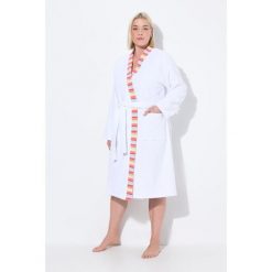 Damskie szlafrok z dzianiny dresowej brzegi w paski wiązany pasek długi rękaw. Białe szlafroki Ulla Popken, l, bez wzorów, z bawełny, plus size, bez ramiączek, bez kaptura. Za 279.99 zł.