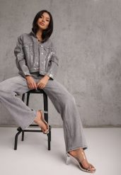 Szare Jeansy Wide Leg High Waist z Bawełną i Dodatkiem Wiskozy Rhenerila. Szare jeansy Renee, l, bez wzorów, z podwyższonym stanem. Za 119.99 zł.