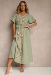 Zielona Rozkloszowana Sukienka z Bawełny w Stylu Boho z Ozdobnym Haftem Sersena. Zielone sukienki Renee, na co dzień, l, bez wzorów, z bawełny, boho, bez kołnierzyka, bez ramiączek, maxi, rozkloszowane. Za 99.99 zł.
