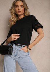 Czarny Bawełniany T-shirt z Ażurowymi Rękawkami Zolreia. Czarne t-shirty Renee, m, w ażurowe wzory, z bawełny, bez kołnierzyka, bez ramiączek. Za 49.99 zł.