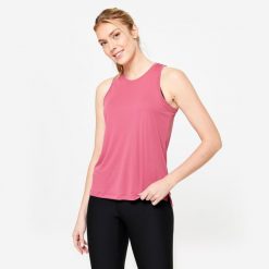 Koszulka fitness damska Domyos bez rękawów. Czerwone koszulki sportowe DOMYOS, bez wzorów, z elastanu, bez ramiączek, na fitness i siłownię. W wyprzedaży za 29.99 zł.