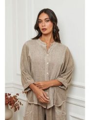 La Compagnie Du Lin Lniana bluzka w kolorze beżowym rozmiar: XL. Brązowe bluzki La Compagnie Du Lin, xl, bez wzorów, ze lnu, bez kołnierzyka, bez ramiączek. Za 197.17 zł.