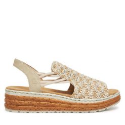 Sandały Rieker. Brązowe sandały Rieker, bez wzorów, bez obcasa, na koturnie, bez zapięcia. Za 319.99 zł.