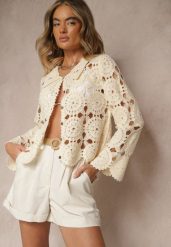 Beżowa Bawełniana Koszula w Stylu Boho z Ażurowej Tkaniny Baniria. Brązowe koszule Renee, w ażurowe wzory, z bawełny, boho, bez kołnierzyka, bez ramiączek. W wyprzedaży za 97.99 zł.