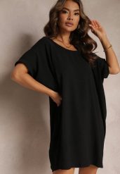 Czarna Sukienka Mini o Fasonie Nietoperza z Okrągłym Dekoltem Maglia. Czarne sukienki Renee, bez wzorów, bez kołnierzyka, bez ramiączek, mini. Za 69.99 zł.