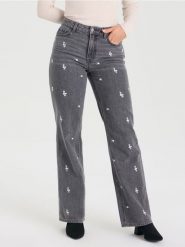 Jeansy wide leg high waist z kwiatowym haftem - szary. Szare jeansy Sinsay, bez wzorów, z podwyższonym stanem. Za 79.99 zł.