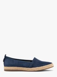 Granatowe espadryle z weluru DINA. Niebieskie espadryle Ryłko, bez wzorów, ze skóry, bez obcasa, na płaskiej podeszwie, bez zapięcia. W wyprzedaży za 299.99 zł.