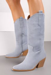 Niebieskie Kozaki na Stożku w Stylu Kowbojek Naures. Niebieskie kozaki Renee, bez obcasa, na obcasie, bez zapięcia. Za 119.99 zł.