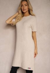 Beżowa T-shirtowa Sukienka z Wiskozowej Dzianiny z Ozdobnymi Guzikami Narossa. Brązowe sukienki Renee, na spotkanie biznesowe, l, bez wzorów, z dzianiny, eleganckie, bez kołnierzyka, bez ramiączek, mini. Za 59.99 zł.