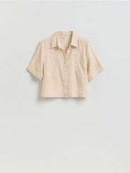 Lniana koszula - beżowy. Brązowe koszule Reserved, l, bez wzorów, bez kołnierzyka, bez ramiączek. Za 129.99 zł.
