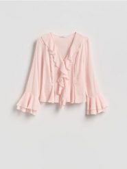 Koszula z falbanami - pastelowy róż. Czerwone koszule Reserved, l, bez wzorów, z bawełny, bez kołnierzyka, bez ramiączek. Za 139.99 zł.