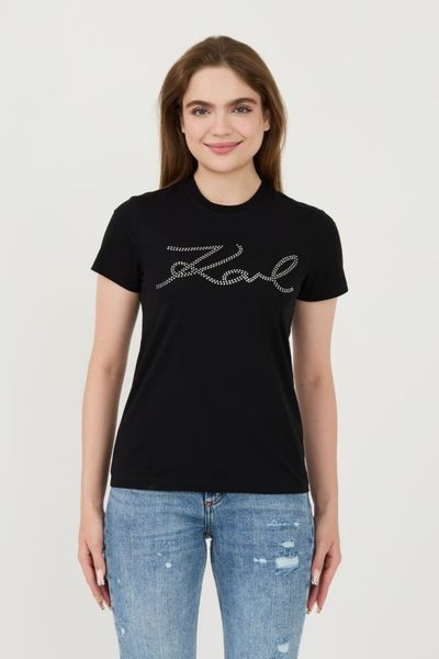 KARL LAGERFELD Czarny damski t-shirt Rhinestone Logo, Rozmiar XS. Czarne t-shirty KARL LAGERFELD, xs, bez wzorów, bez kołnierzyka, bez ramiączek. W wyprzedaży za 238.99 zł.