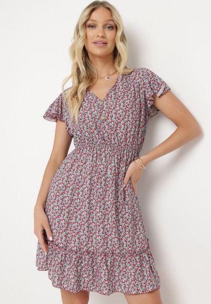 Bordowa Bawełniana Rozkloszowana Sukienka w Kwiaty z Falbanami i Gumką w Talii Nelyse. Czerwone sukienki Born2be, na spotkanie biznesowe, na lato, l, bez wzorów, z bawełny, bez kołnierzyka, bez ramiączek, mini, rozkloszowane. Za 49.99 zł.