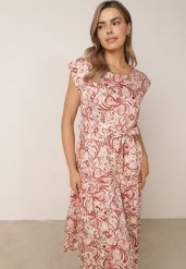 Różowa Wiskozowa Sukienka Pudełkowa z Paskiem i Geometrycznym Motywem Katanie. Czerwone sukienki Born2be, m, bez wzorów, z tkaniny, eleganckie, bez kołnierzyka, bez ramiączek, midi. Za 89.99 zł.