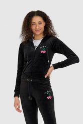 JUICY COUTURE Czarna welurowa bluza dresowa damska z haftowanymi wisienkami, Rozmiar L. Czarne bluzy sportowe Juicy Couture, l, bez wzorów, z dresówki, bez kaptura. W wyprzedaży za 319.99 zł.
