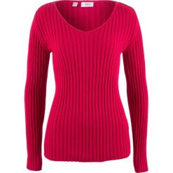 Sweter bawełniany w prążek bonprix czerwony. Czerwone swetry bonprix, bez wzorów, z bawełny, bez ramiączek. Za 44.99 zł.