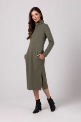 Prosta Dzianinowa Sukienka z Półgolfem - Khaki. Brązowe sukienki MOE, na co dzień, l, bez wzorów, z bawełny, bez kołnierzyka, bez ramiączek. Za 284.90 zł.