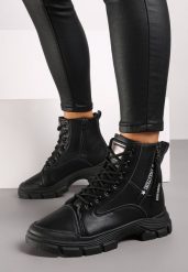 Czarne Traperki Botki na Grubej Podeszwie z Ozdobnym Suwakiem Floraline. Czarne botki Born2be, na zimę, bez wzorów, z futra, z okrągłym noskiem, bez obcasa, na płaskiej podeszwie, bez zapięcia. Za 99.99 zł.