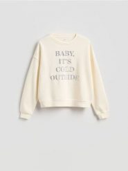 Bluza z haftowanym napisem - złamana biel. Bluzy Reserved, l, bez wzorów, z bawełny, bez kaptura. Za 99.99 zł.