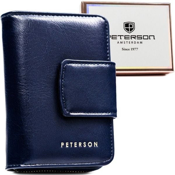 Granatowy portfel damski ze skóry ekologicznej z systemem RFID - Peterson. Niebieskie portfele Peterson, bez wzorów, ze skóry ekologicznej. Za 59.99 zł.
