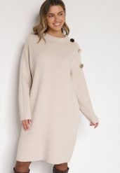 Beżowa Sweterkowa Sukienka Pudełkowa Ozdobiona z Boku Guzikami Tustina. Brązowe sukienki Born2be, na co dzień, l, bez wzorów, z dzianiny, eleganckie, bez kołnierzyka, bez ramiączek, proste. Za 119.99 zł.
