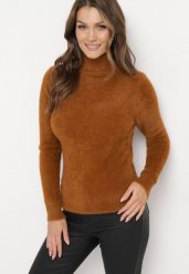 Brązowy Elastyczny Golf z Puszystej Tkaniny z Wełną Doulcet. Brązowe golfy Born2be, l, bez wzorów, z materiału, bez ramiączek. Za 49.99 zł.