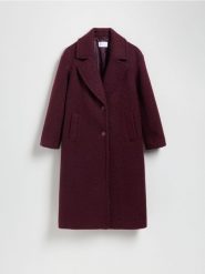 Płaszcz z tkaniny boucle - burgundowy. Czerwone płaszcze Reserved, l, bez wzorów, z tkaniny, bez kaptura. Za 279.99 zł.
