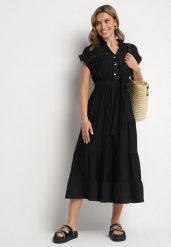 Czarna Wiskozowa Sukienka o Rozkloszowanym Kroju z Wiązanym Paskiem Jaselna. Czarne sukienki Born2be, na co dzień, na lato, m, bez wzorów, ze skóry, eleganckie, bez kołnierzyka, bez ramiączek, midi, rozkloszowane. Za 129.99 zł.