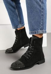 Czarne Płaskie Sznurowane Botki Ozdobione Cyrkoniami Innithra. Czarne botki Born2be, na jesień, z aplikacjami, z jeansu, bez obcasa, na obcasie, bez zapięcia. Za 99.99 zł.
