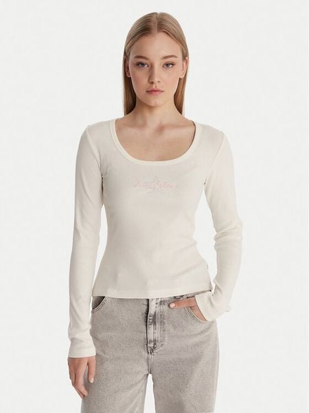 Guess Jeans Bluzka W6RP24 KA0H1 Écru Slim Fit. Bluzki Guess Jeans, s, z aplikacjami, z bawełny, bez kołnierzyka, bez ramiączek. Za 209.99 zł.