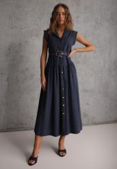 Granatowa Bawełniano-Wiskozowa Sukienka Koszulowa Bez Rękawów z Paskiem Athithoe. Niebieskie sukienki Renee, m, bez wzorów, z bawełny, bez kołnierzyka, bez ramiączek, maxi, koszulowe. Za 169.99 zł.
