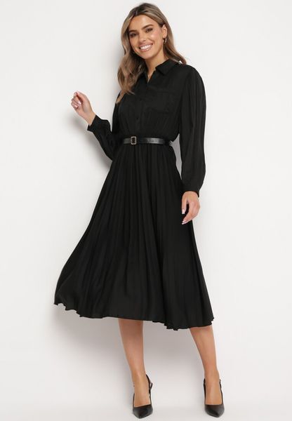 Czarna Plisowana Sukienka Midi z Paskiem z Kołnierzykiem i Kieszeniami Themirlla. Czarne sukienki Born2be, l, bez wzorów, wizytowe, bez kołnierzyka, bez ramiączek, midi. Za 129.99 zł.