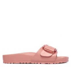 Klapki Birkenstock. Czerwone klapki Birkenstock, bez wzorów, bez obcasa. Za 249.99 zł.