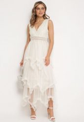 Beżowa Sukienka z Kopertowym Dekoltem Wiązaniem na Plecach i Asymetrycznym Dołem z Siateczki Helolla. Brązowe sukienki Born2be, l, bez wzorów, z jeansu, eleganckie, z asymetrycznym kołnierzem, bez ramiączek, maxi, asymetryczne. Za 169.99 zł.